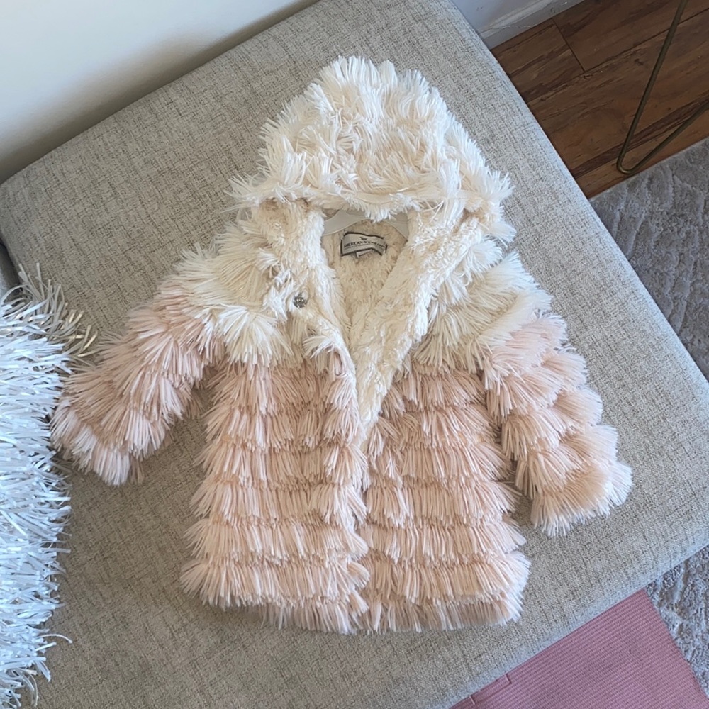 Stunning chic fringe pink cream ombré color kids long sleeve cozy coat / jacket